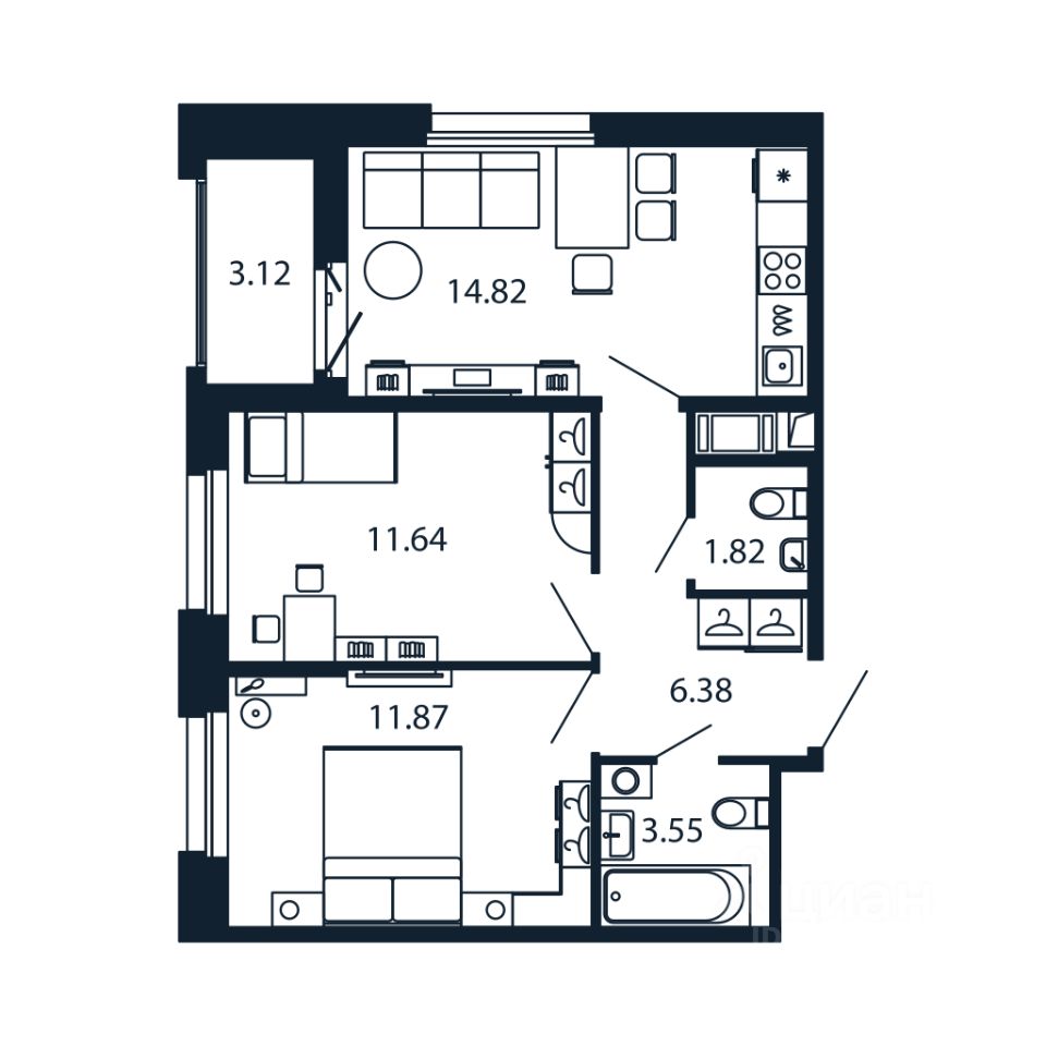 2-комн.кв., 49,7 м², 9/12 этаж