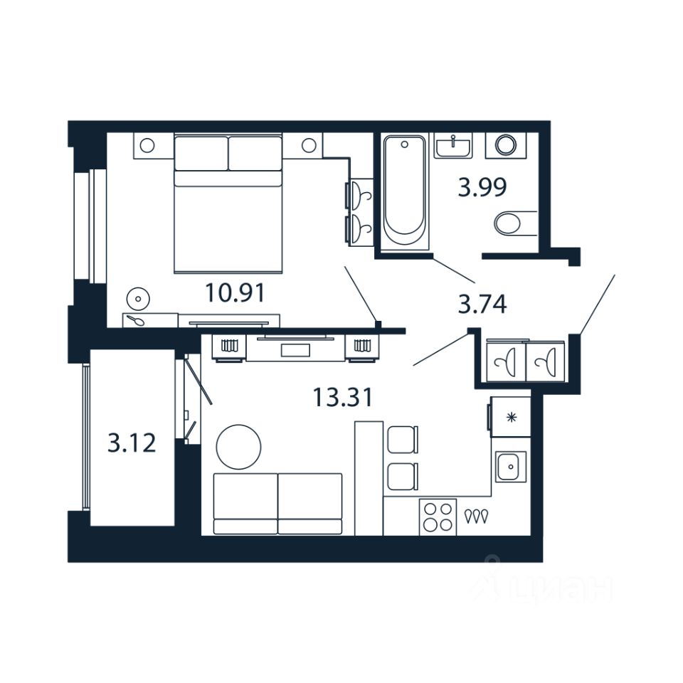 1-комн.кв., 31,6 м², 9/12 этаж