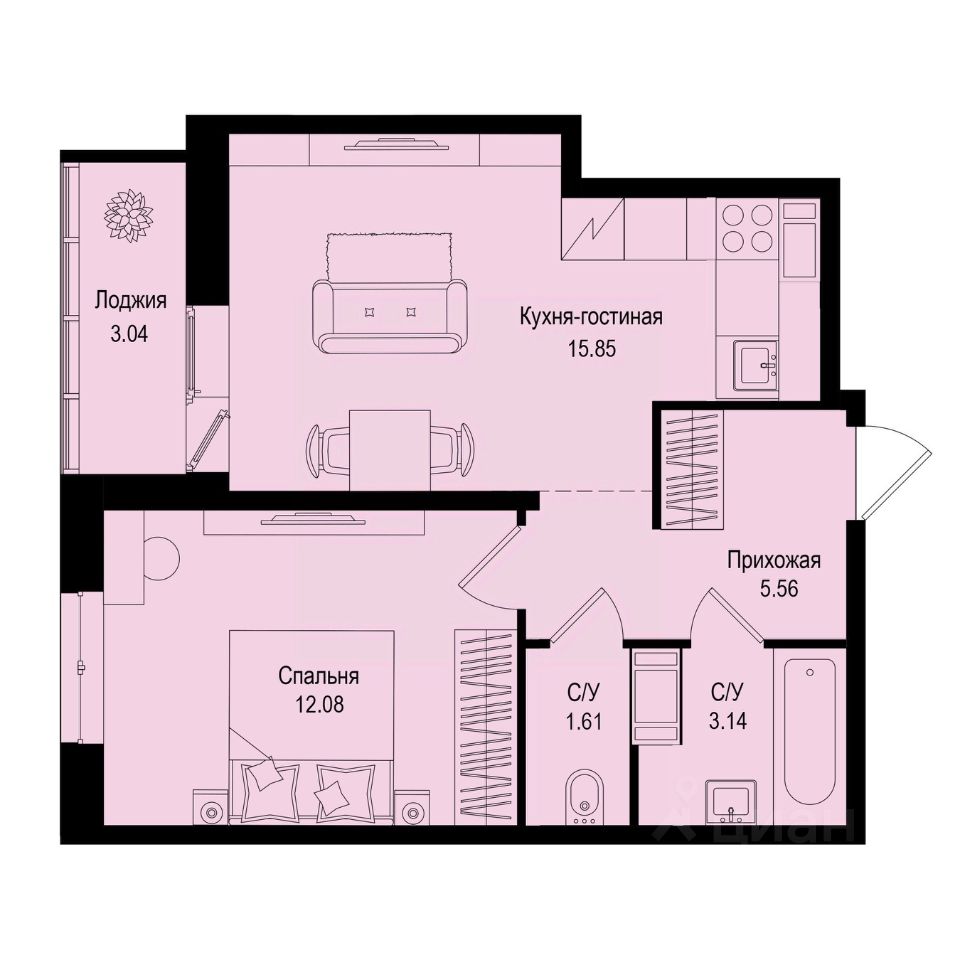 1-комн.кв., 39,8 м², 7/9 этаж