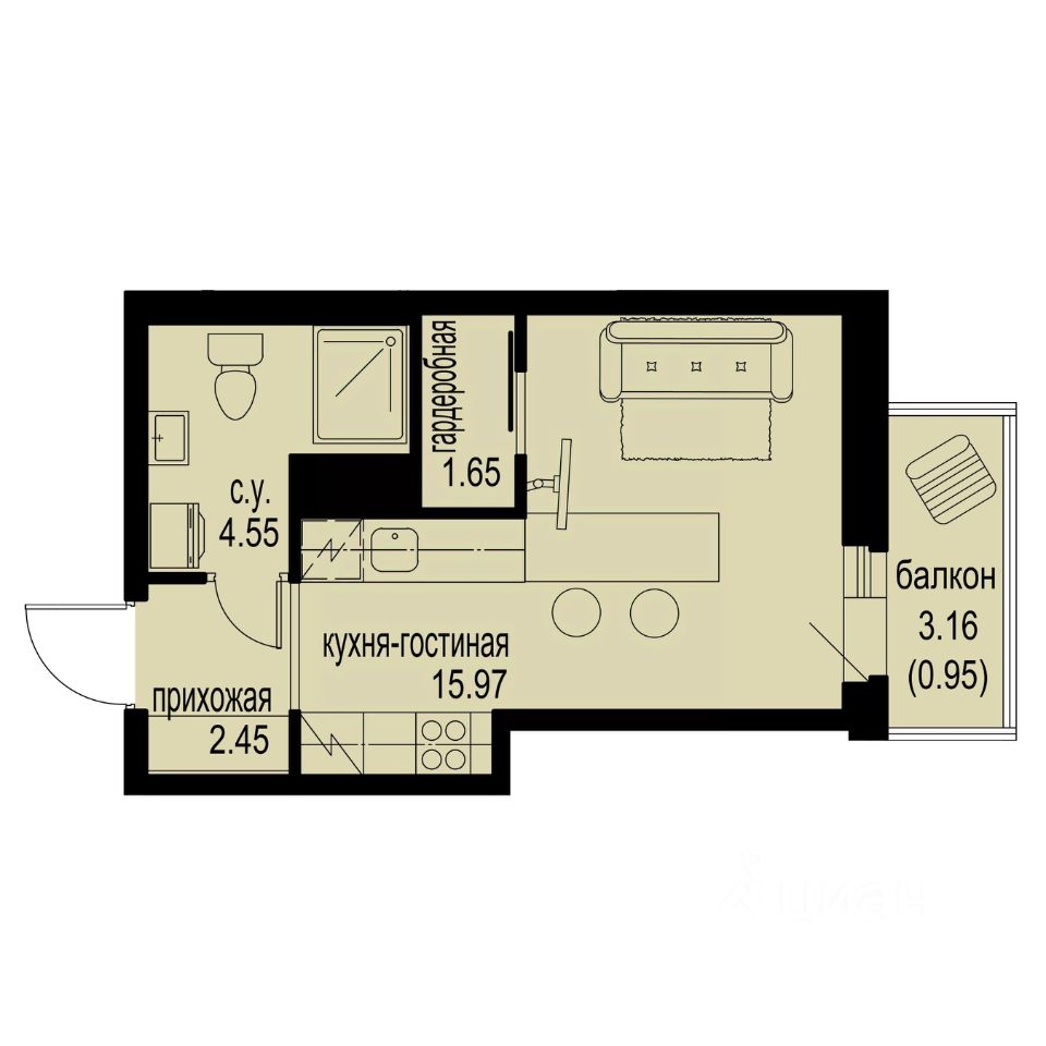 Студия, 25,6 м², 5/12 этаж