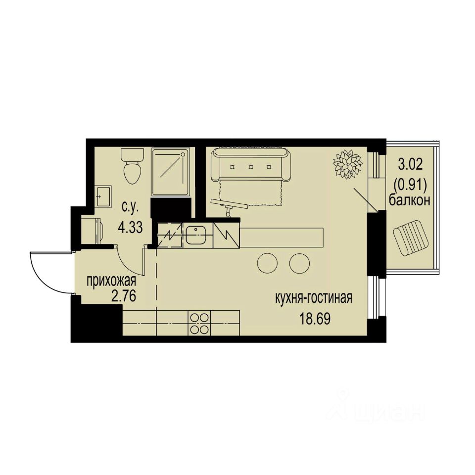 Студия, 26,7 м², 9/12 этаж