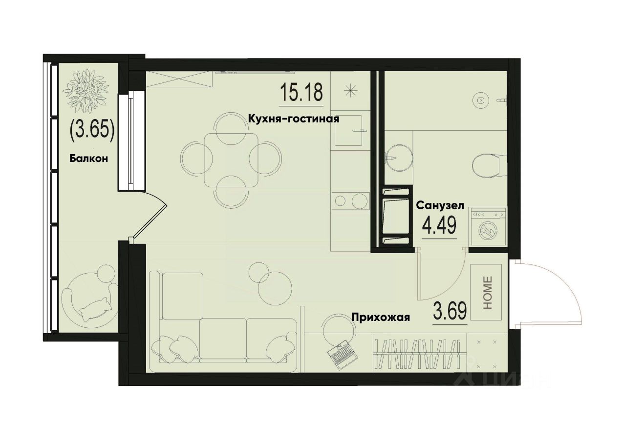 Студия, 24,4 м², 9/12 этаж