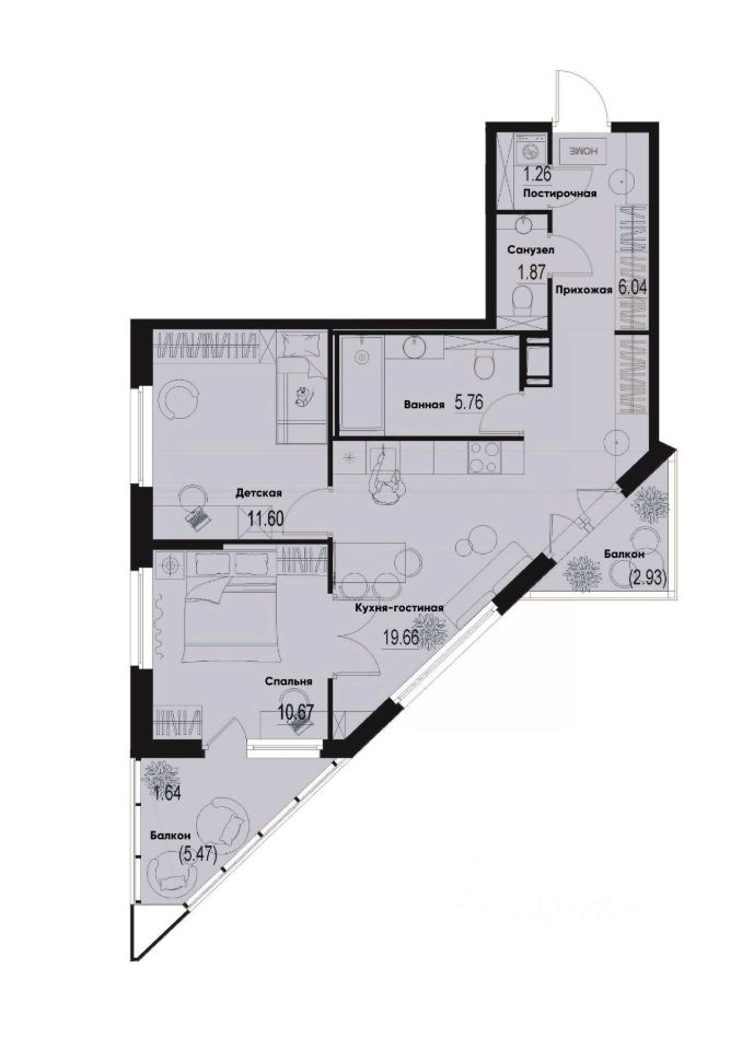 2-комн.кв., 59,4 м², 6/12 этаж