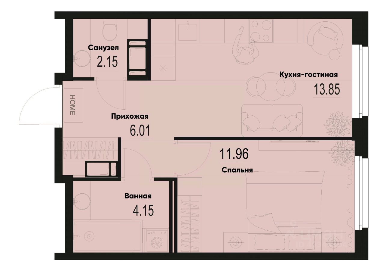 1-комн.кв., 38,1 м², 3/12 этаж