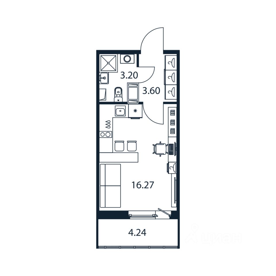 Студия, 22,8 м², 6/12 этаж