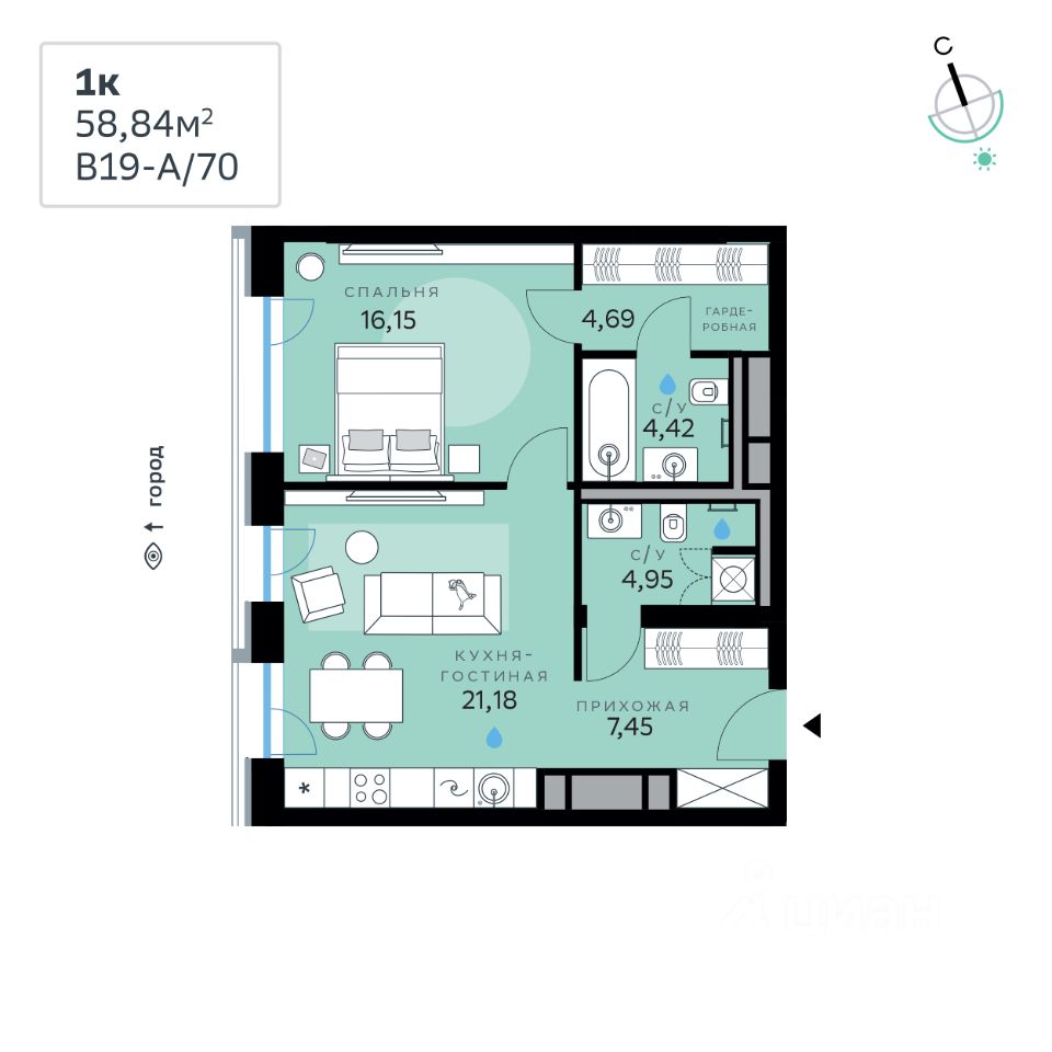 1-комн.кв., 58,8 м², 3/12 этаж