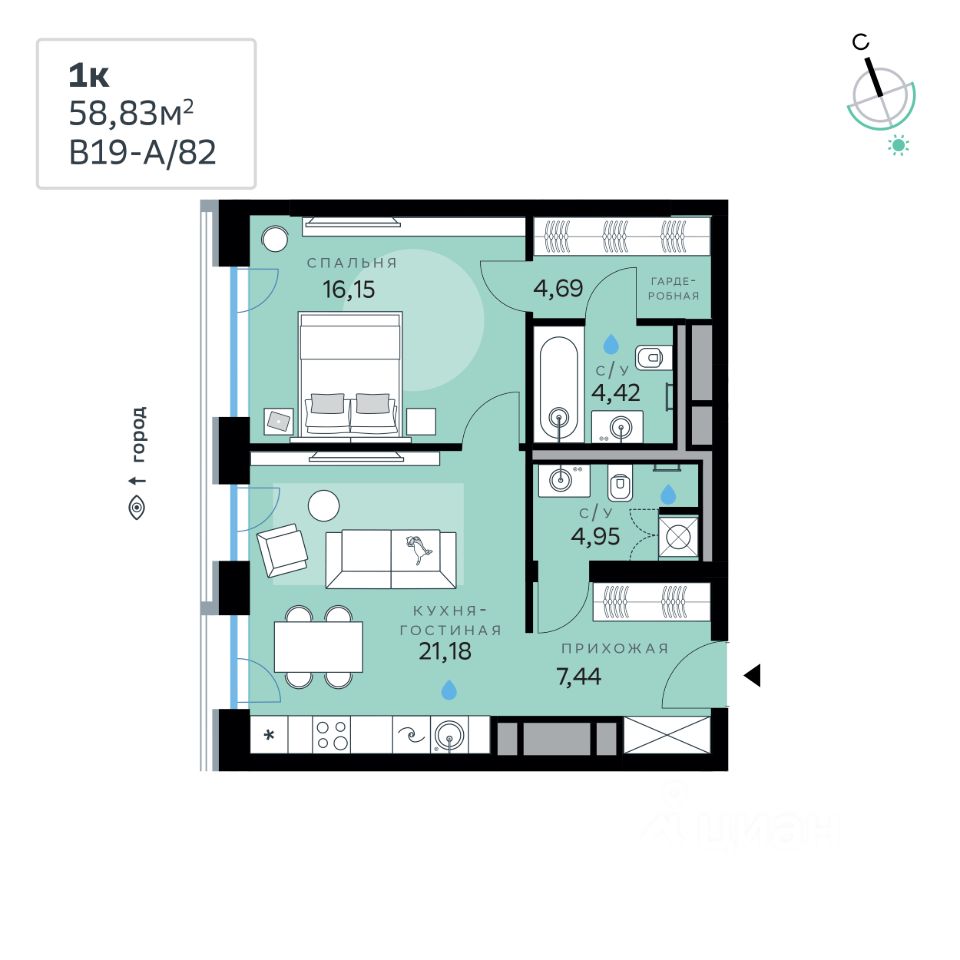 1-комн.кв., 58,8 м², 5/12 этаж