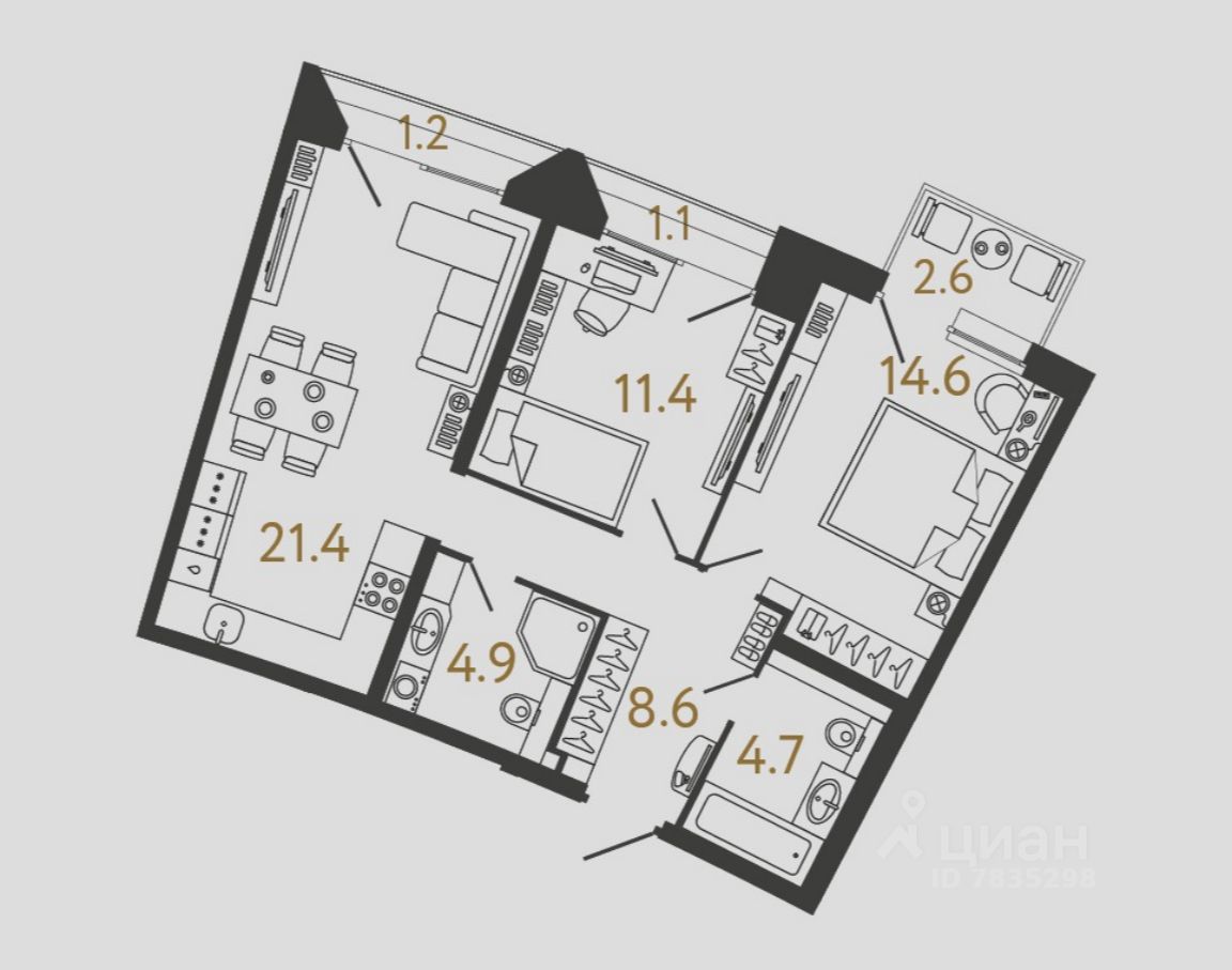 2-комн.кв., 65,6 м², 2/4 этаж