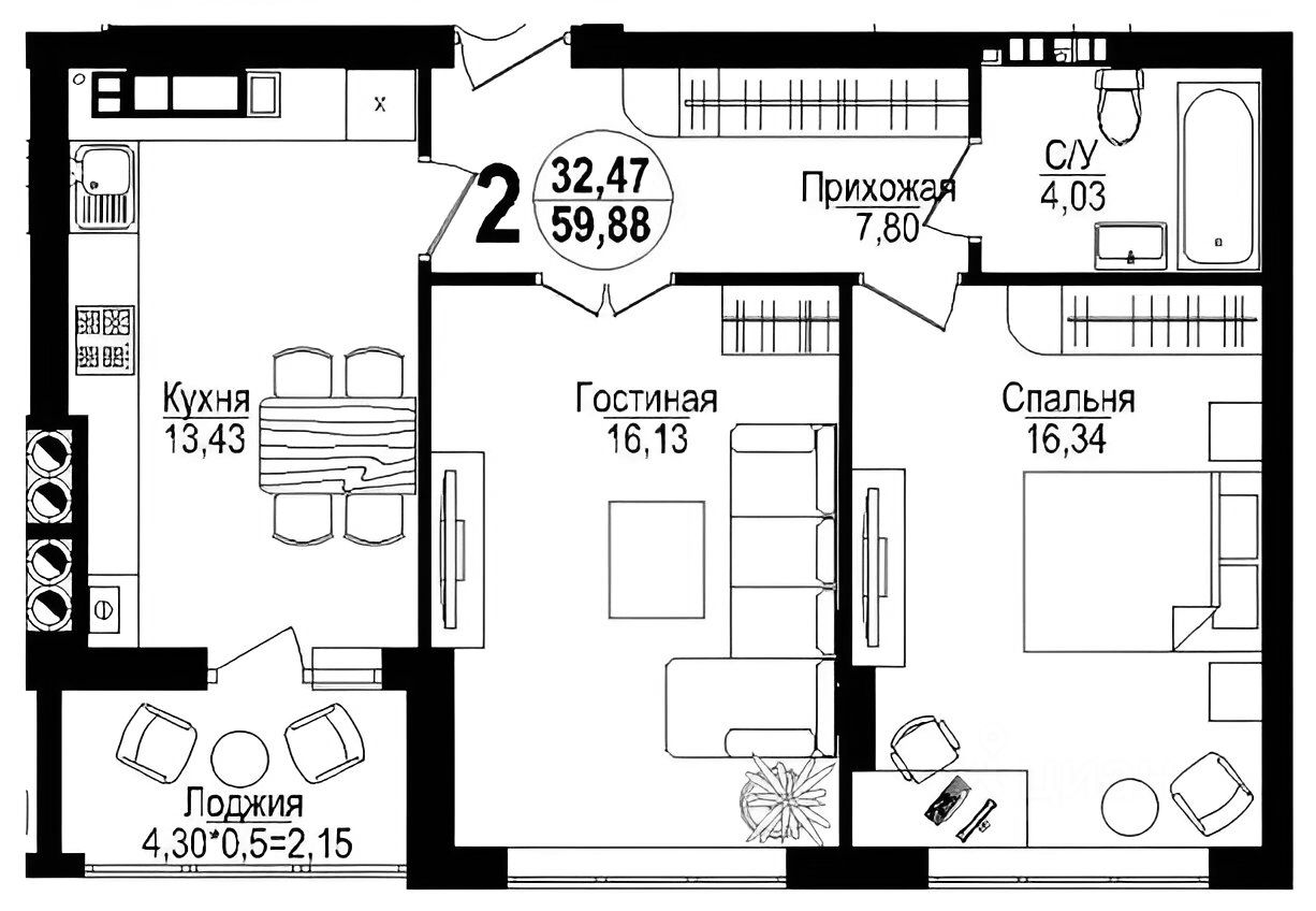Планировка этой квартиры по данным Циан