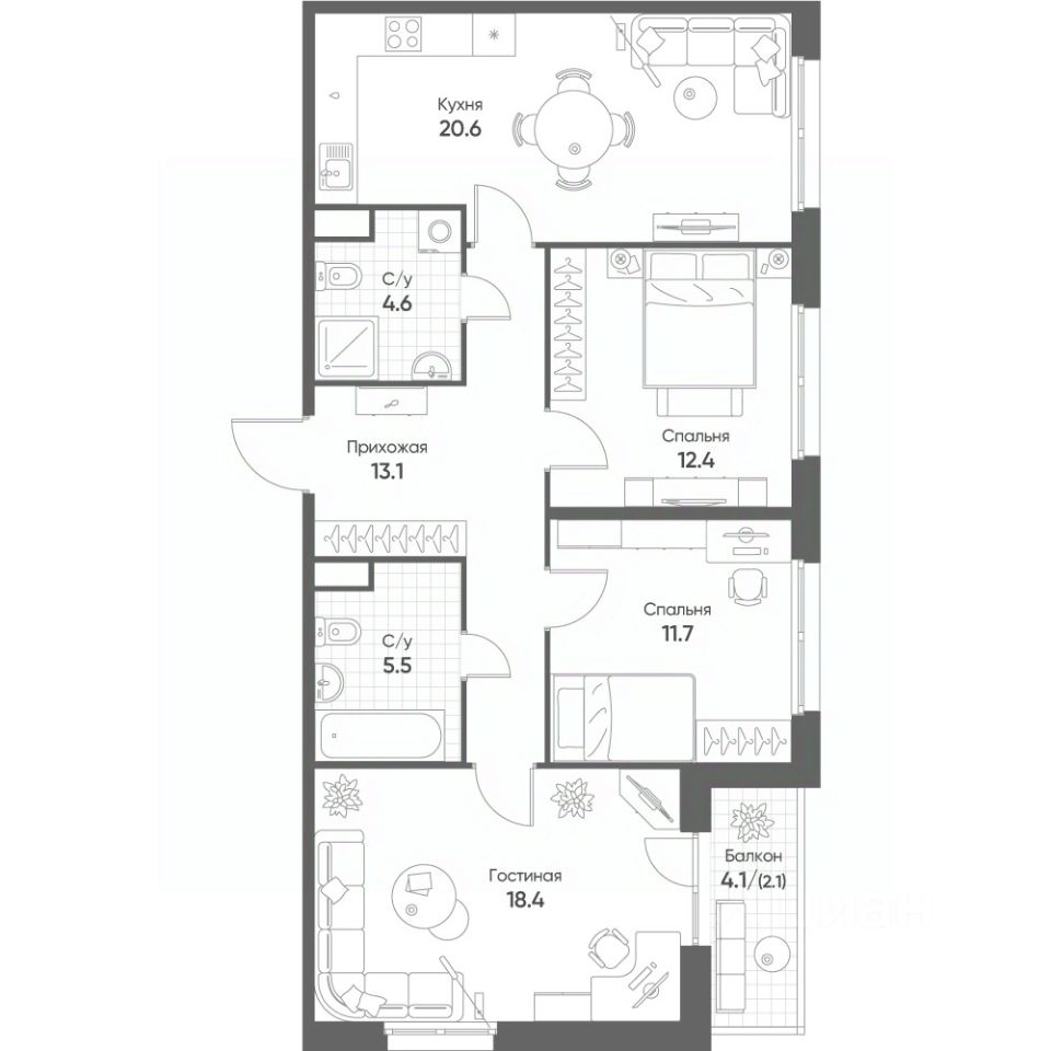 3-комн.кв., 88,4 м², 3/12 этаж