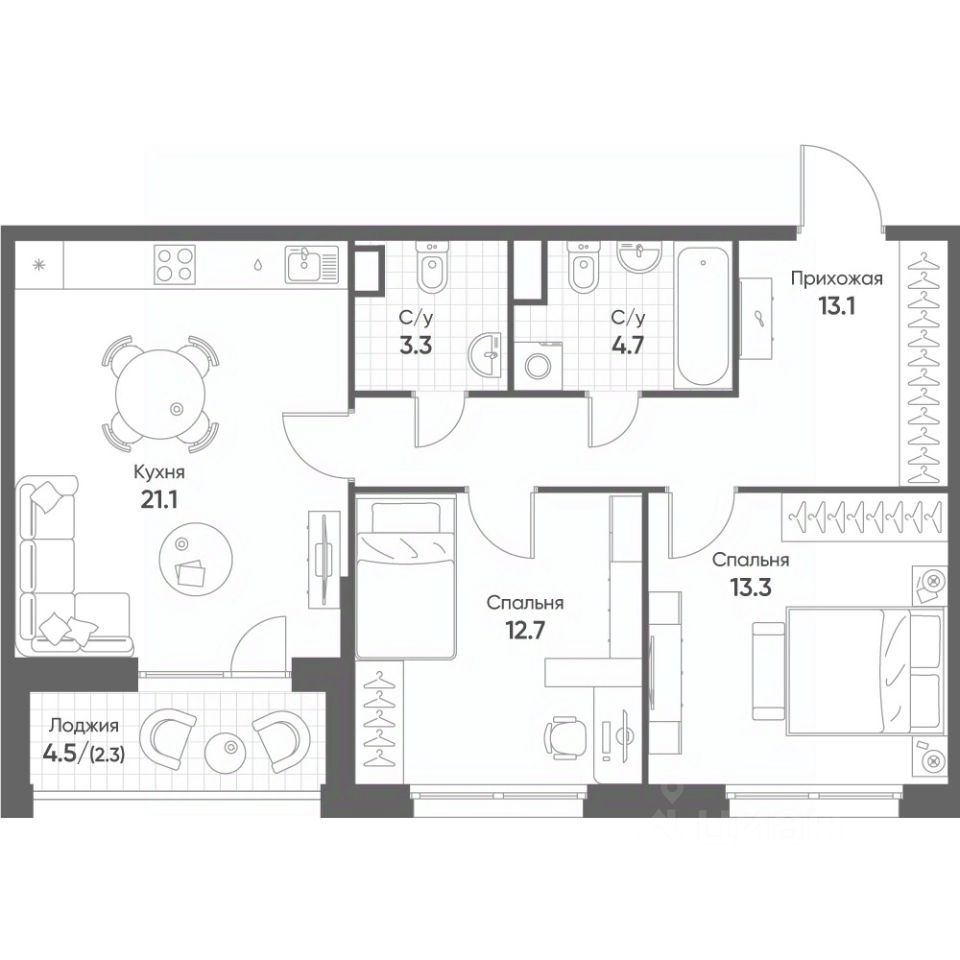 2-комн.кв., 70,5 м², 4/12 этаж