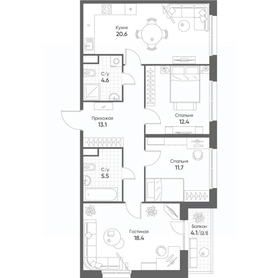 3-комн.кв., 88,4 м², 3/12 этаж