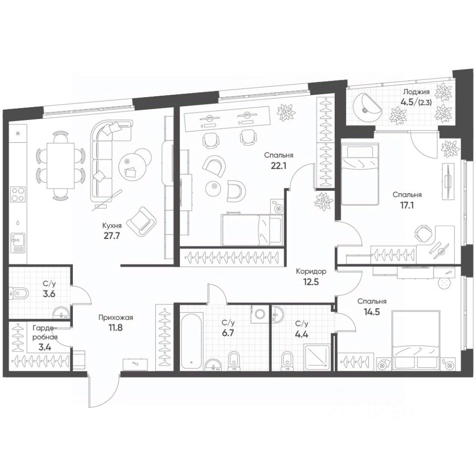 3-комн.кв., 126,1 м², 2/16 этаж