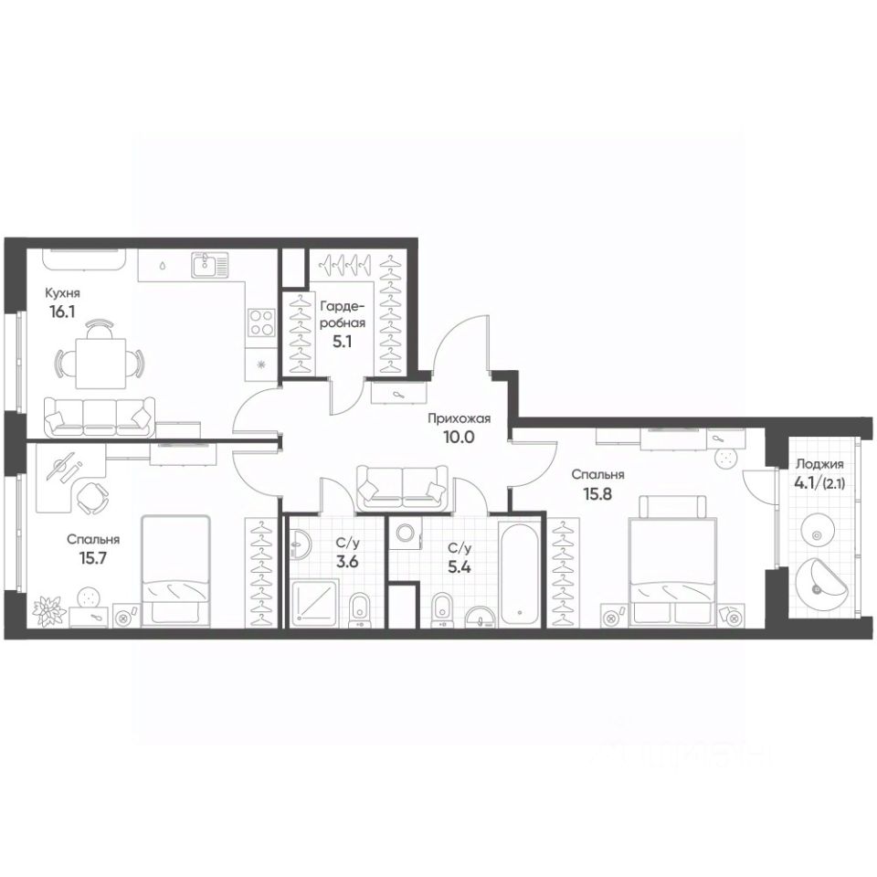 2-комн.кв., 73,8 м², 5/16 этаж