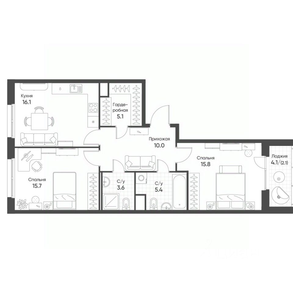 2-комн.кв., 73,8 м², 10/16 этаж