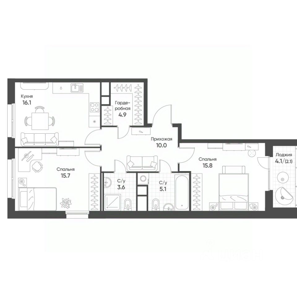 2-комн.кв., 73,3 м², 12/16 этаж