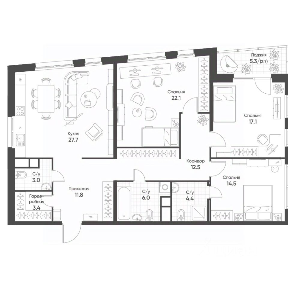 3-комн.кв., 125,2 м², 12/16 этаж