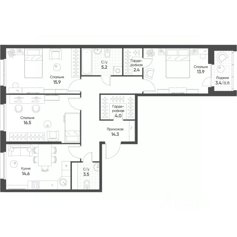 3-комн.кв., 92 м², 2/16 этаж