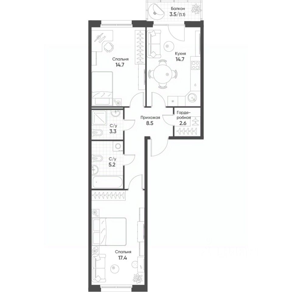 2-комн.кв., 67,5 м², 2/16 этаж