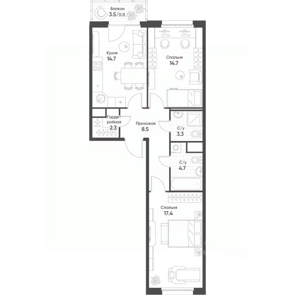 2-комн.кв., 66,7 м², 5/16 этаж