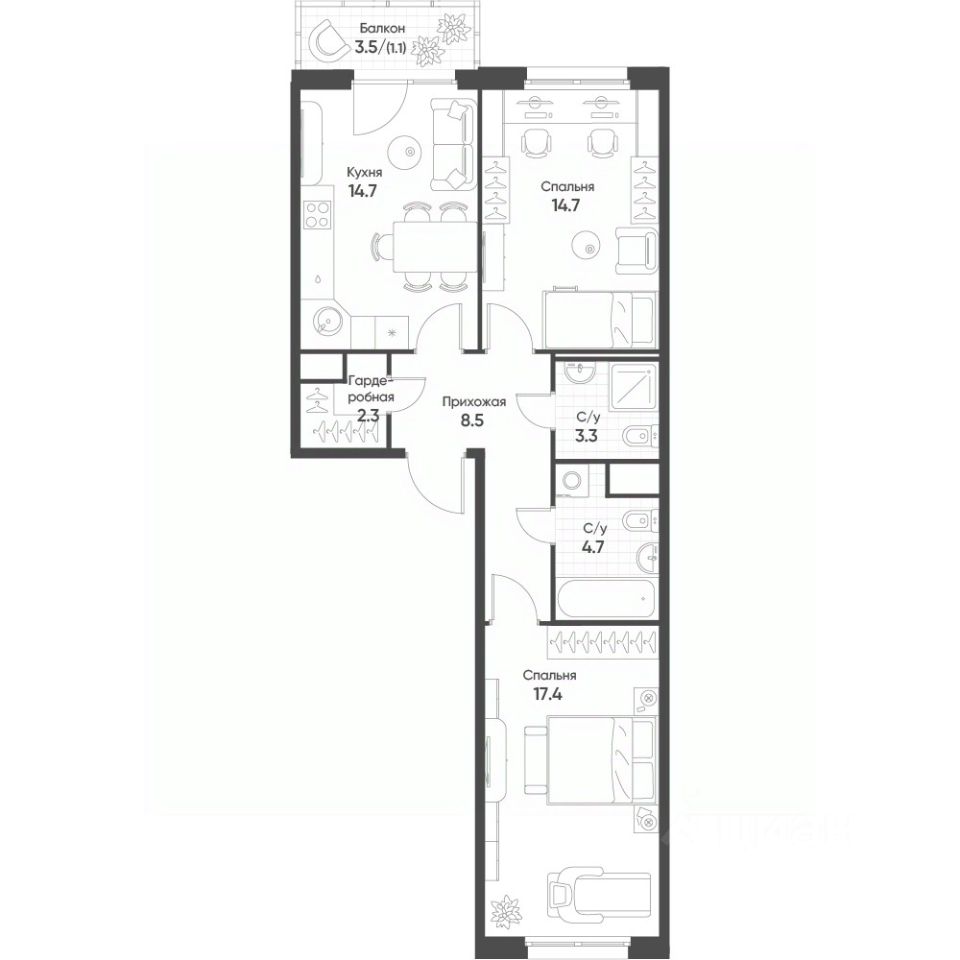 2-комн.кв., 66,7 м², 4/16 этаж