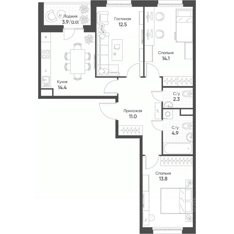 3-комн.кв., 74,8 м², 5/10 этаж