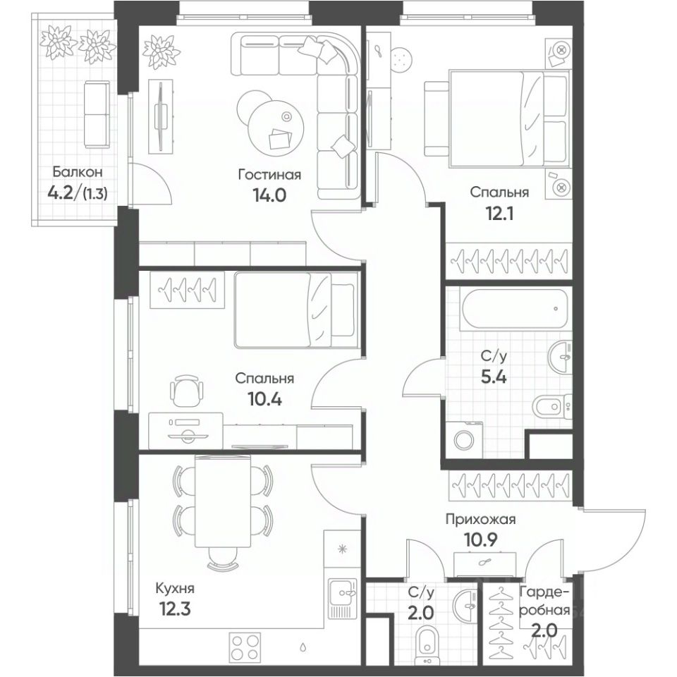 3-комн.кв., 70,3 м², 6/10 этаж