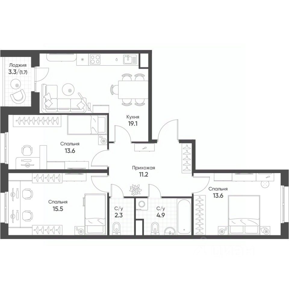 3-комн.кв., 81,4 м², 4/10 этаж