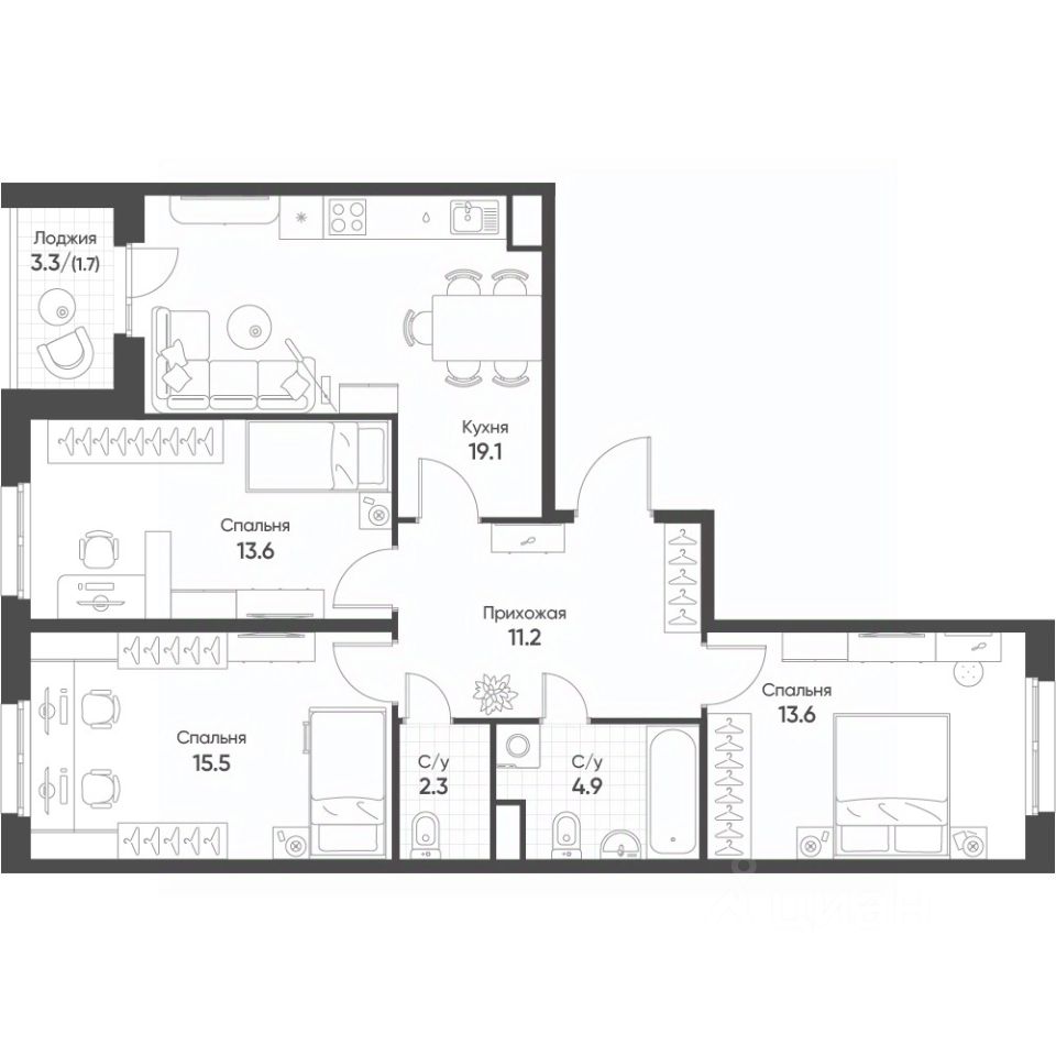 3-комн.кв., 81,4 м², 4/10 этаж