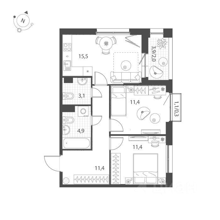 2-комн.кв., 60 м², 4/10 этаж