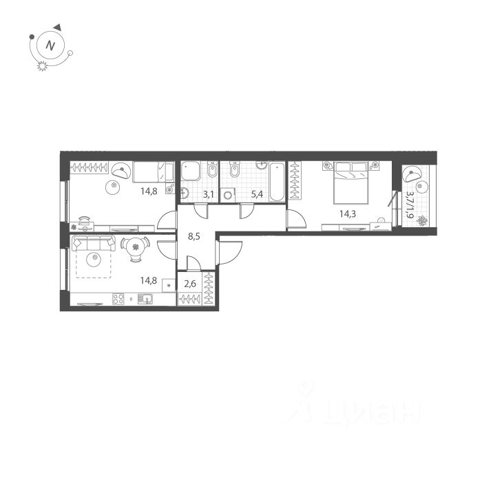 2-комн.кв., 65,4 м², 2/10 этаж