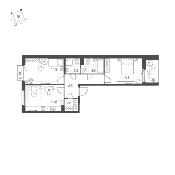2-комн.кв., 65,2 м², 6/10 этаж