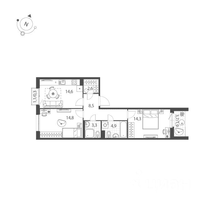 2-комн.кв., 65,2 м², 4/10 этаж