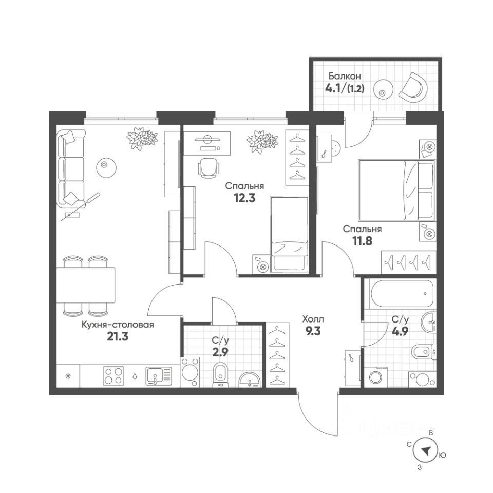 2-комн.кв., 63,7 м², 7/10 этаж