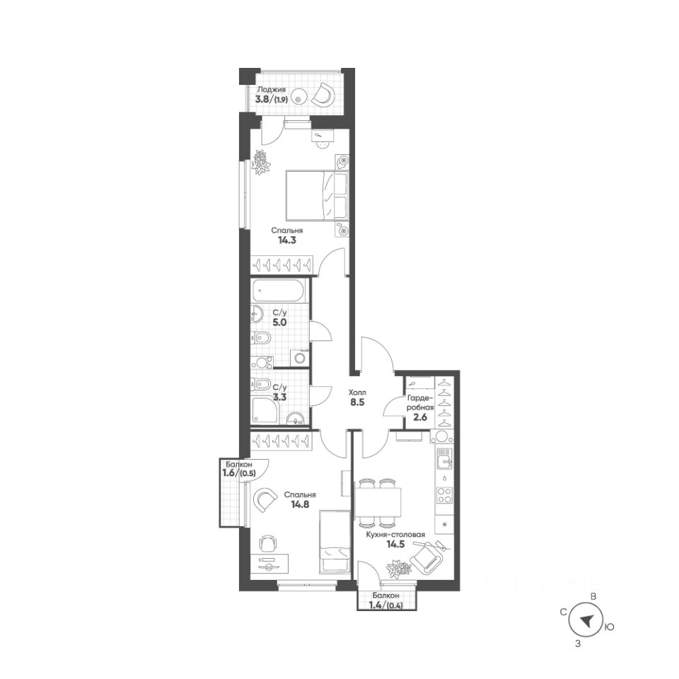 2-комн.кв., 65,8 м², 3/10 этаж