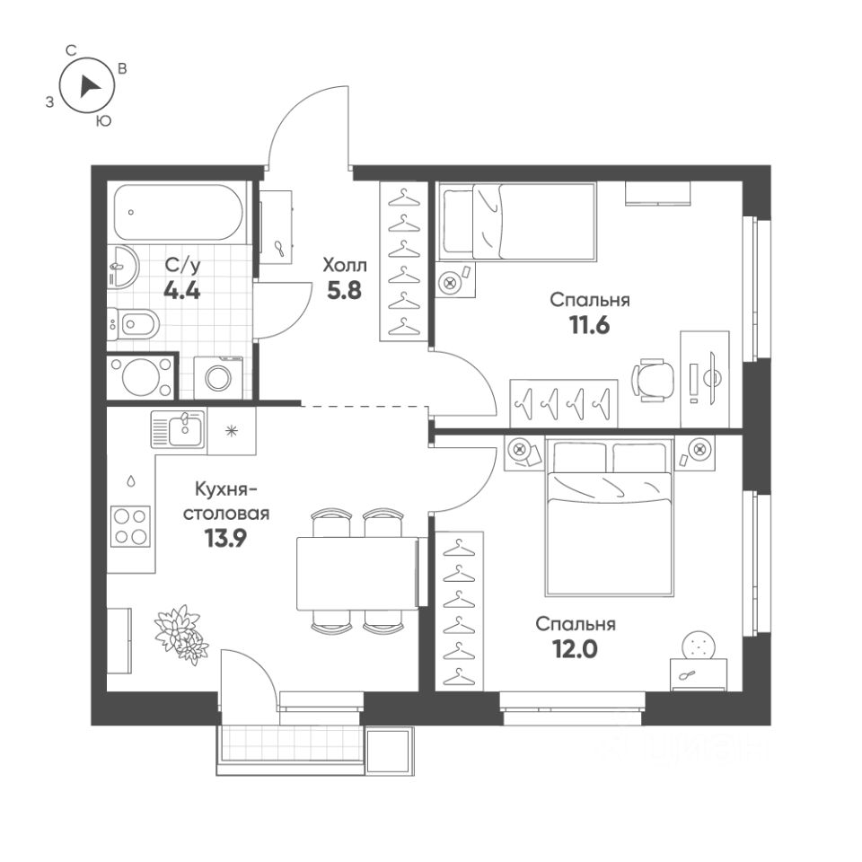 2-комн.кв., 47,7 м², 9/16 этаж