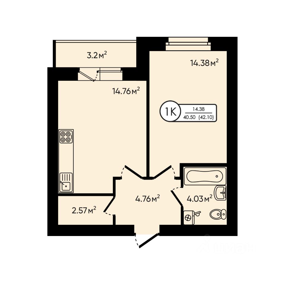 1-комн.кв., 42,1 м², 3/6 этаж