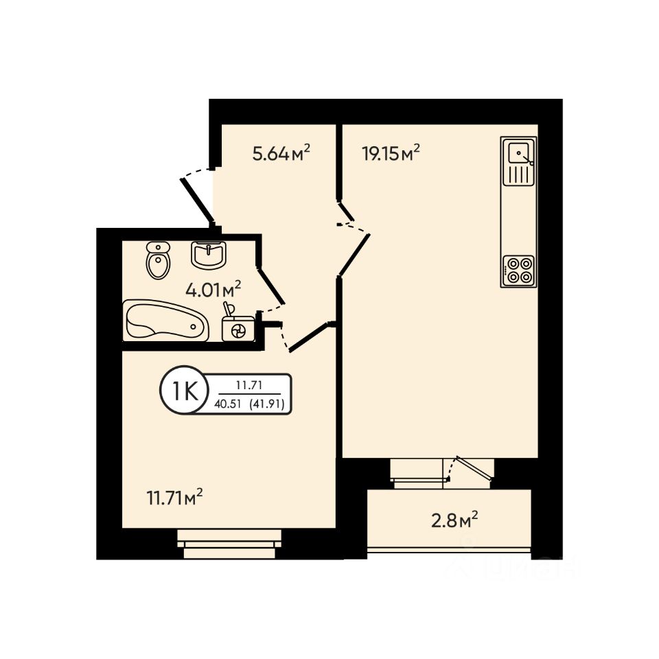1-комн.кв., 41,9 м², 3/6 этаж