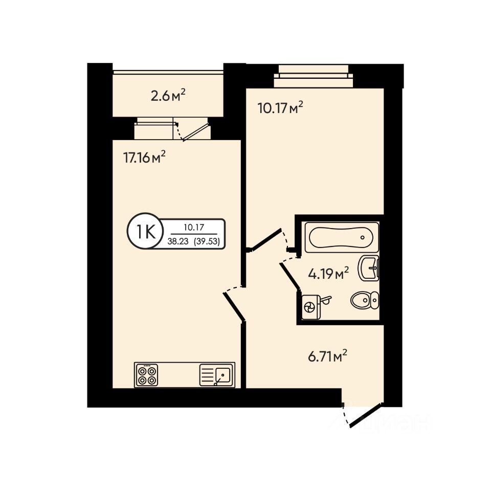 1-комн.кв., 39,5 м², 4/6 этаж