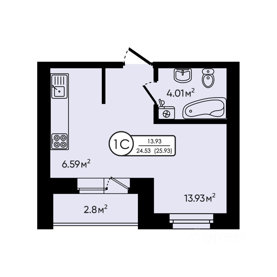 Студия, 25,9 м², 4/6 этаж
