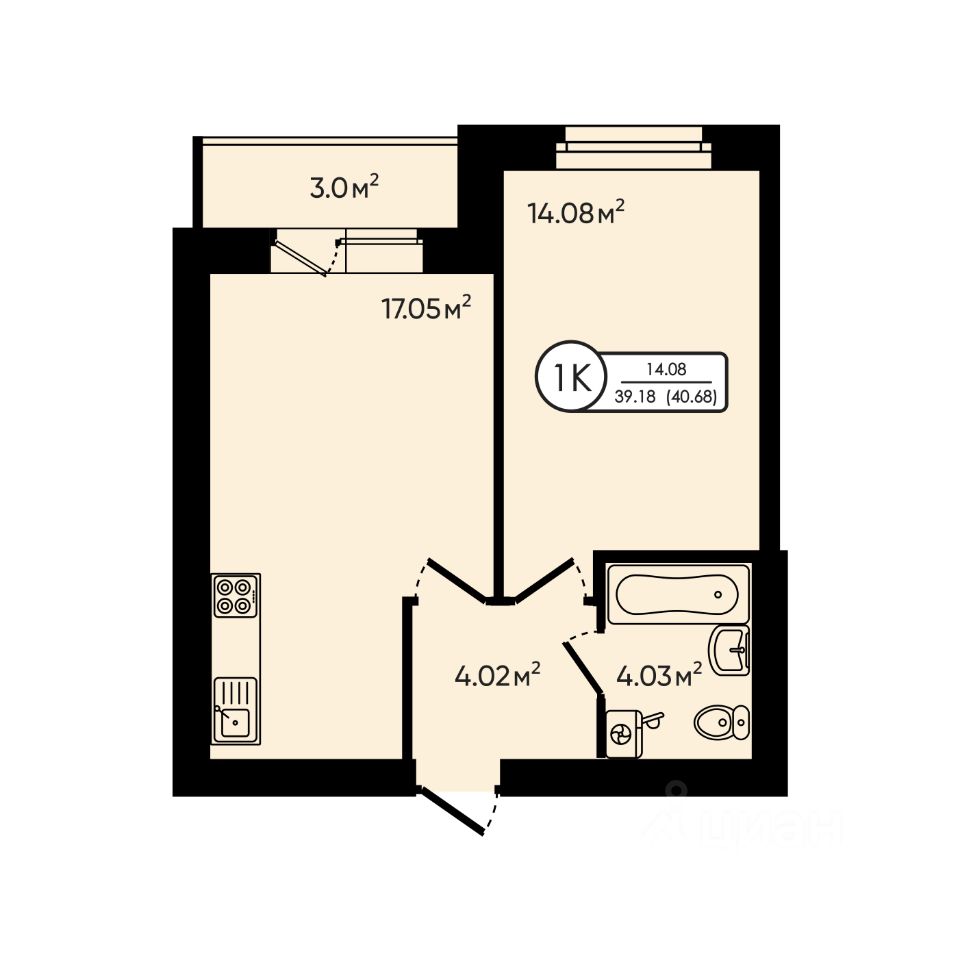1-комн.кв., 40,7 м², 3/6 этаж