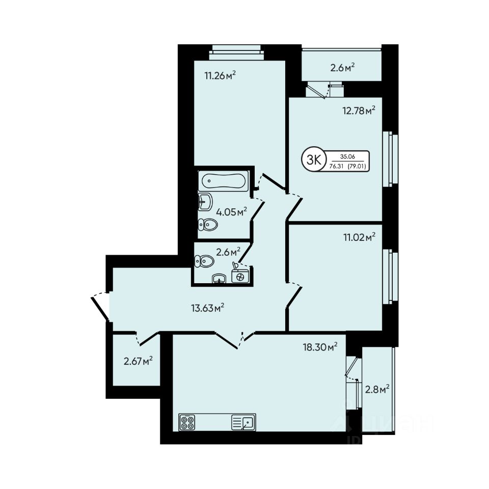 3-комн.кв., 79 м², 4/6 этаж