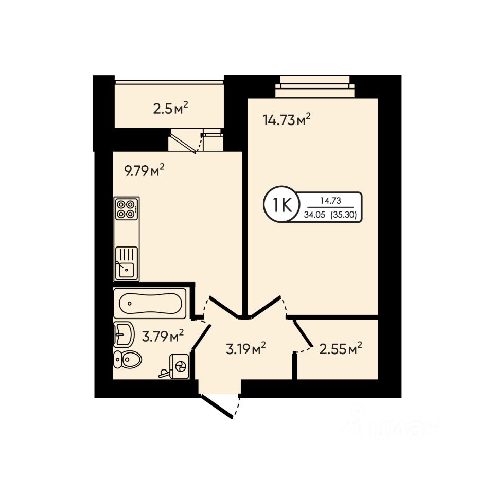 1-комн.кв., 35,3 м², 5/6 этаж