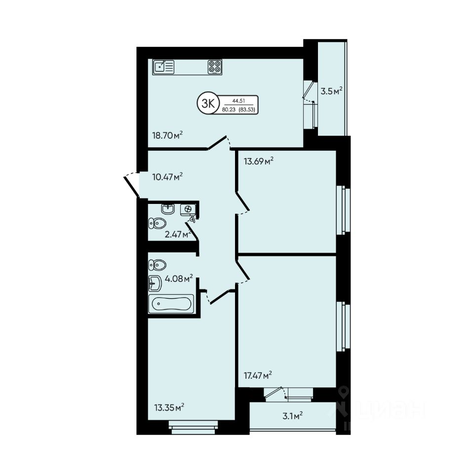 3-комн.кв., 83,5 м², 2/6 этаж