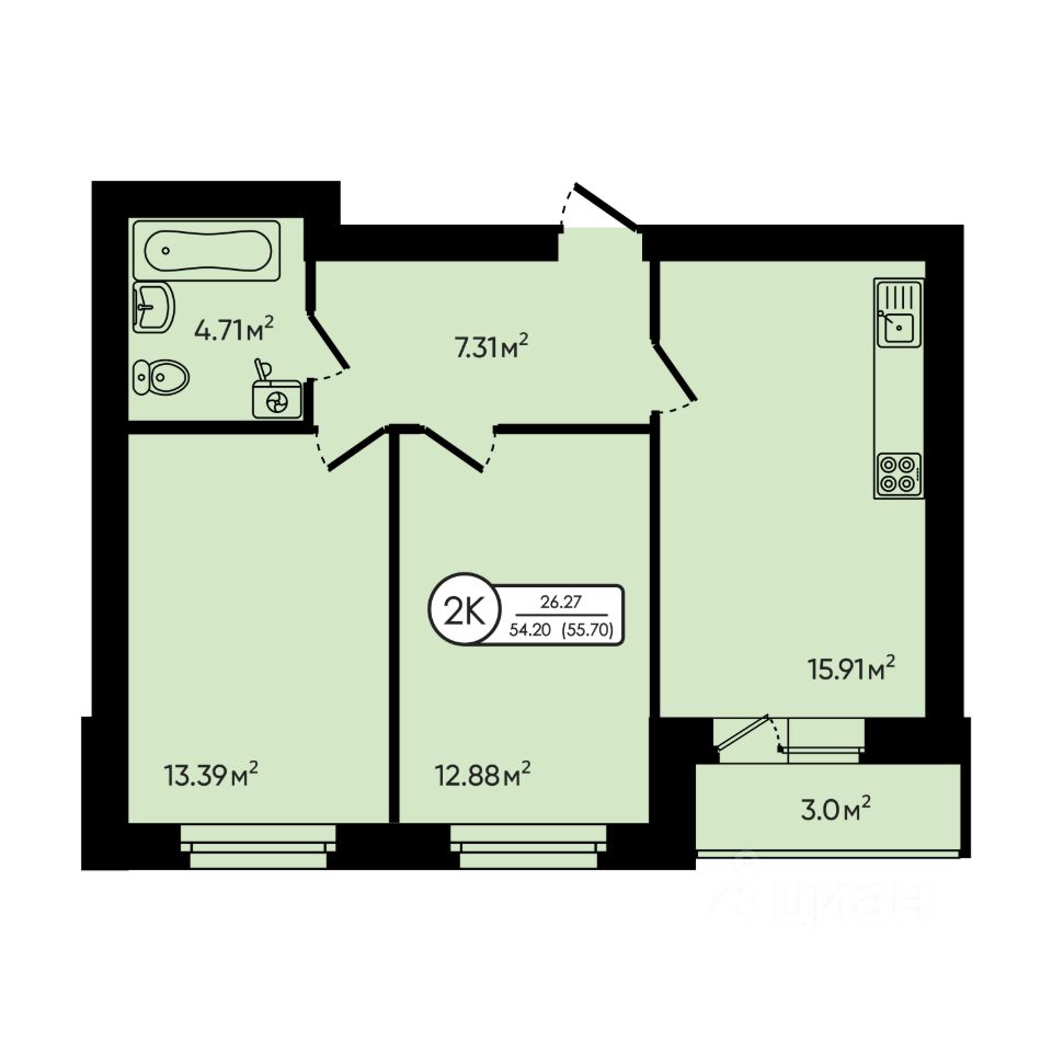 2-комн.кв., 55,7 м², 3/5 этаж