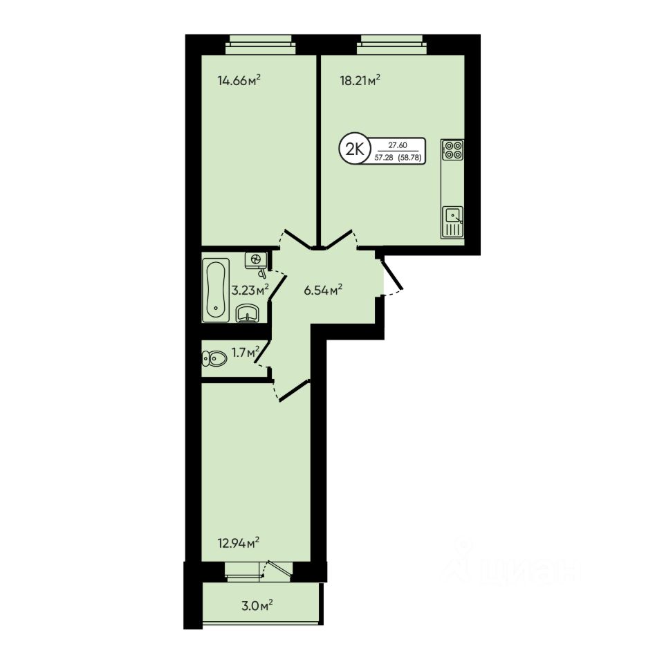 2-комн.кв., 58,8 м², 1/5 этаж