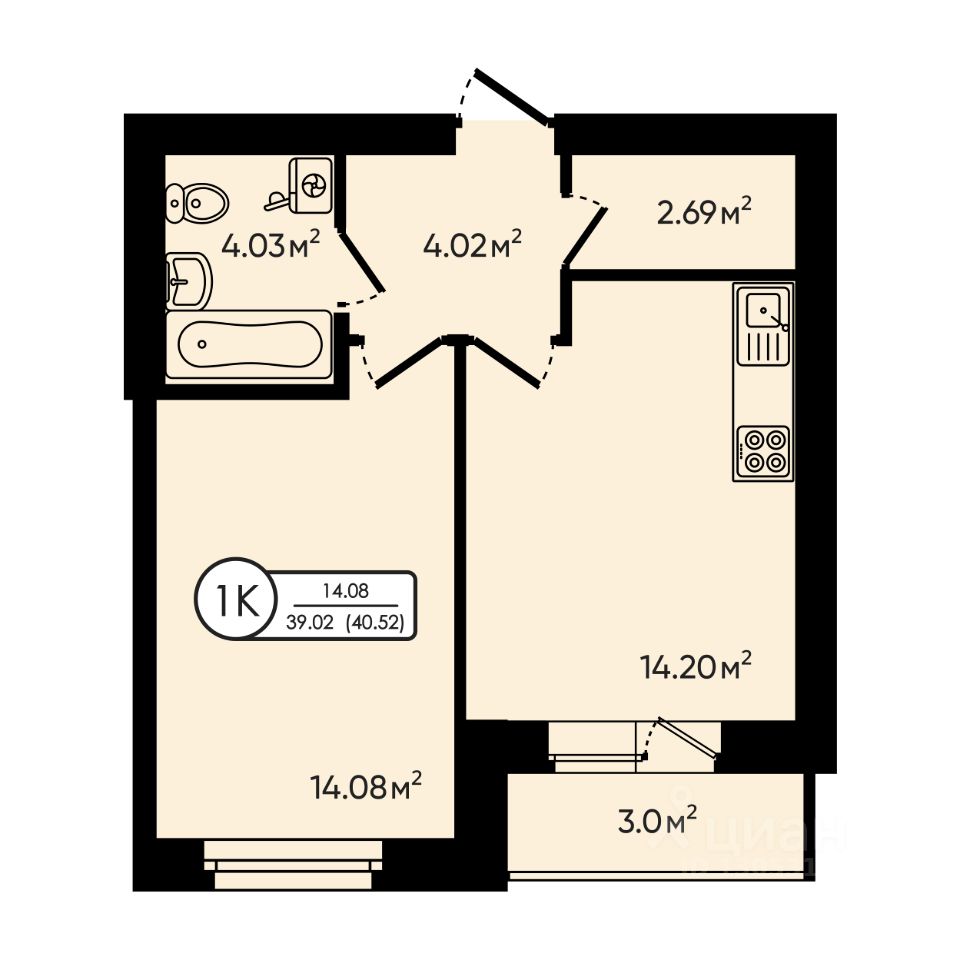 1-комн.кв., 40,5 м², 3/5 этаж
