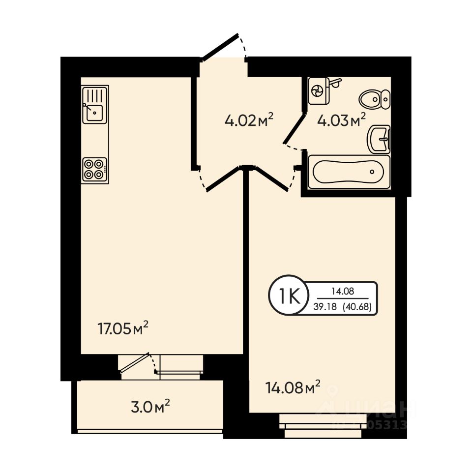 1-комн.кв., 40,7 м², 5/5 этаж