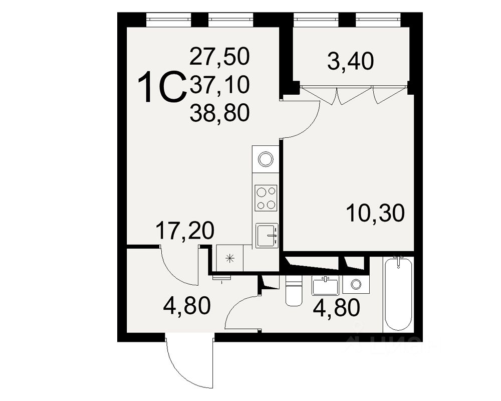 1-комн.кв., 38,8 м², 15/16 этаж