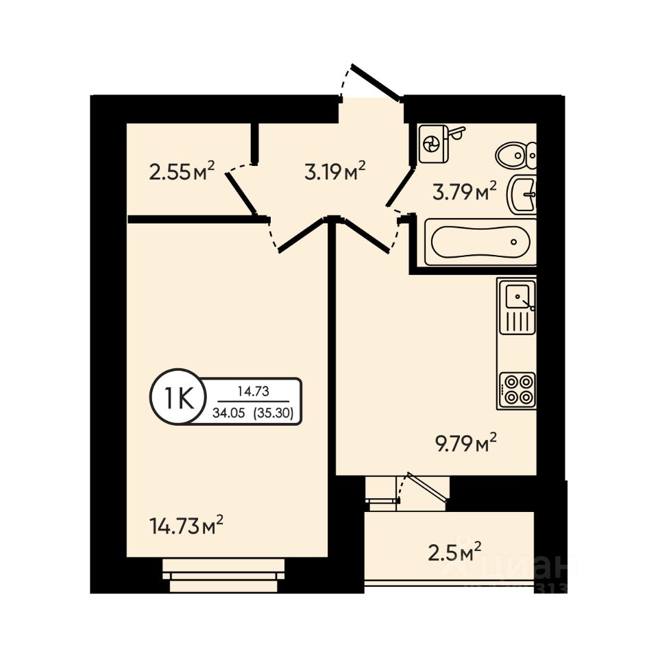 1-комн.кв., 35,3 м², 2/5 этаж